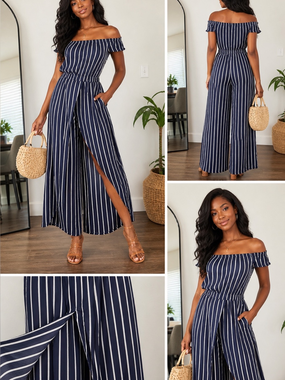 Ambiance Striped Wide Leg Jumpsuit L Navy White Casual Summer Flowy Lightweight